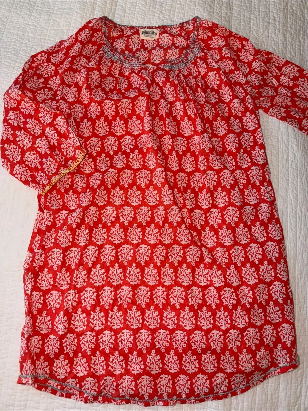 Red Printed Tunic Dress with White Floral Motif